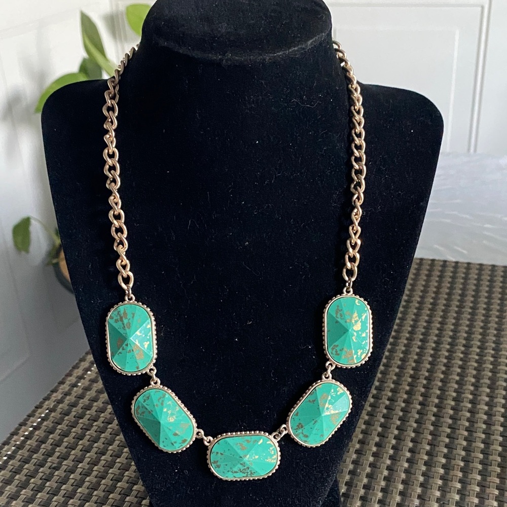 Gold-Tone Necklace with Turquoise Gem Panels - Women Jewelry